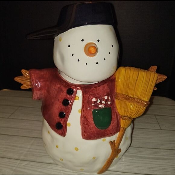 Sakura Debbie Mumm Christmas Holiday Cookie Jar Canister Snowman with Broom 10in - Picture 7 of 10